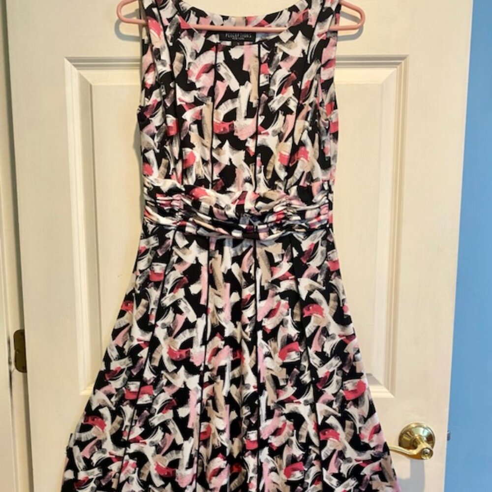 Perceptions New York Sleeveless Pink/Black/White Abstract Pattern Midi Dress SzS